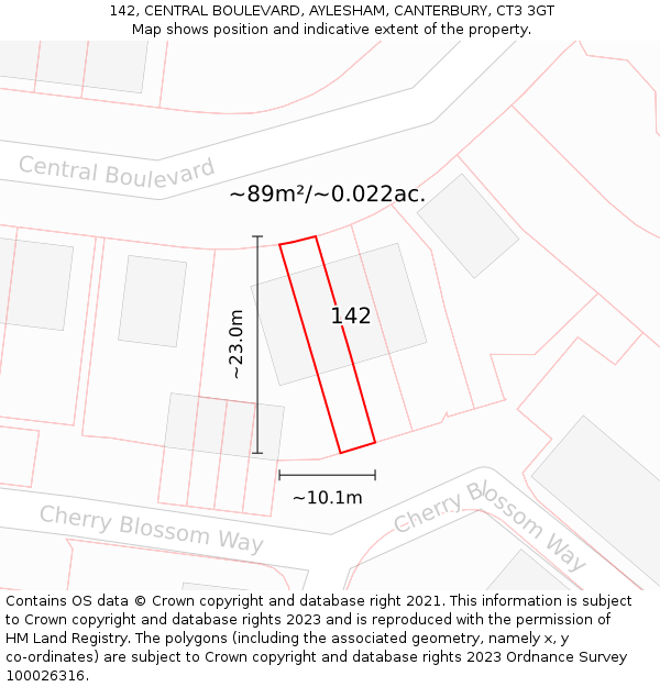142, CENTRAL BOULEVARD, AYLESHAM, CANTERBURY, CT3 3GT: Plot and title map