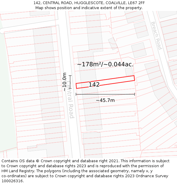 142, CENTRAL ROAD, HUGGLESCOTE, COALVILLE, LE67 2FF: Plot and title map