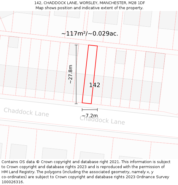 142, CHADDOCK LANE, WORSLEY, MANCHESTER, M28 1DF: Plot and title map