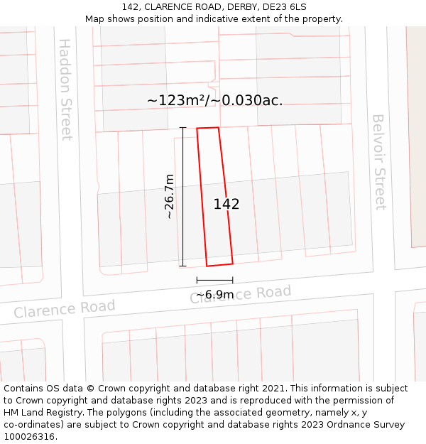 142, CLARENCE ROAD, DERBY, DE23 6LS: Plot and title map