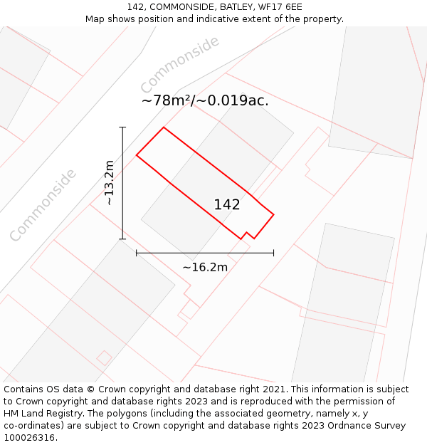 142, COMMONSIDE, BATLEY, WF17 6EE: Plot and title map
