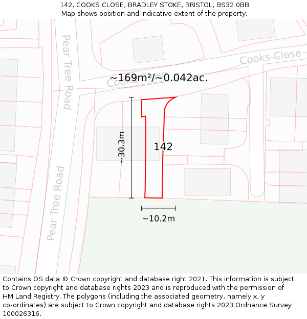 142, COOKS CLOSE, BRADLEY STOKE, BRISTOL, BS32 0BB: Plot and title map