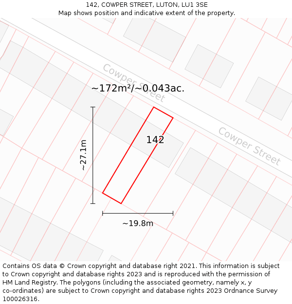 142, COWPER STREET, LUTON, LU1 3SE: Plot and title map