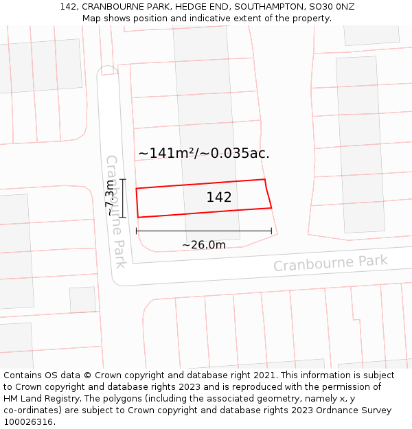 142, CRANBOURNE PARK, HEDGE END, SOUTHAMPTON, SO30 0NZ: Plot and title map