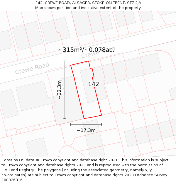 142, CREWE ROAD, ALSAGER, STOKE-ON-TRENT, ST7 2JA: Plot and title map