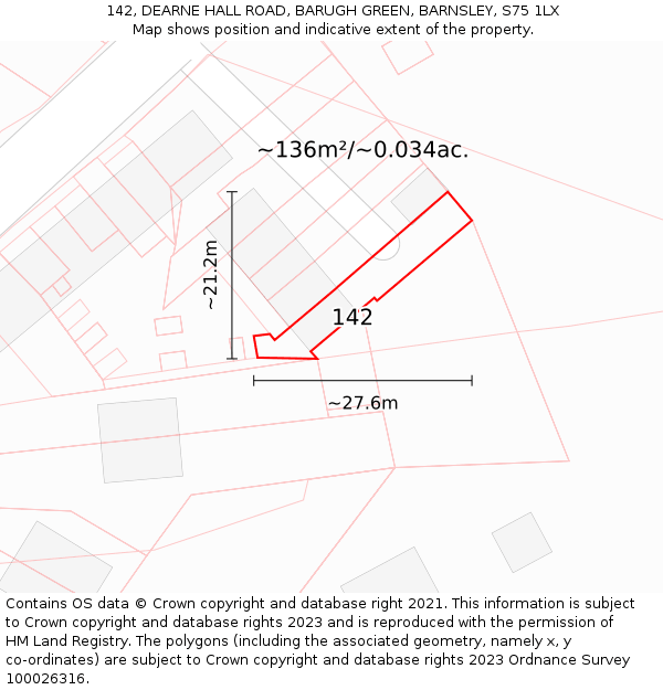 142, DEARNE HALL ROAD, BARUGH GREEN, BARNSLEY, S75 1LX: Plot and title map