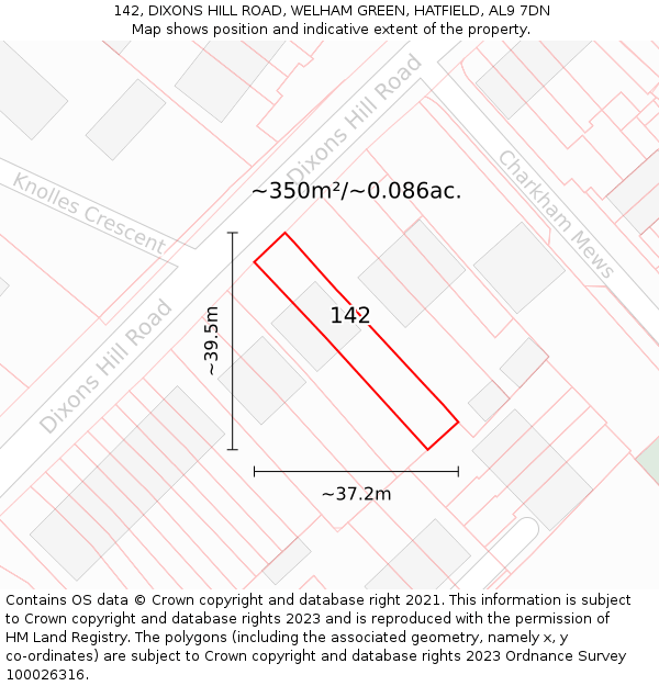 142, DIXONS HILL ROAD, WELHAM GREEN, HATFIELD, AL9 7DN: Plot and title map