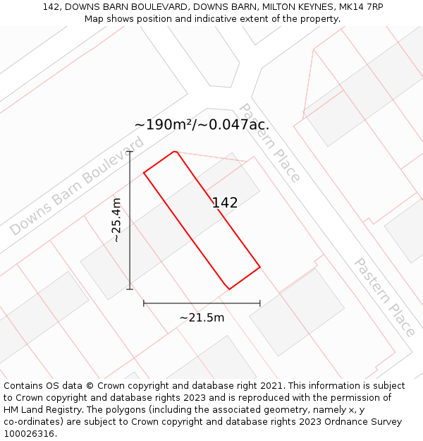 142, DOWNS BARN BOULEVARD, DOWNS BARN, MILTON KEYNES, MK14 7RP: Plot and title map