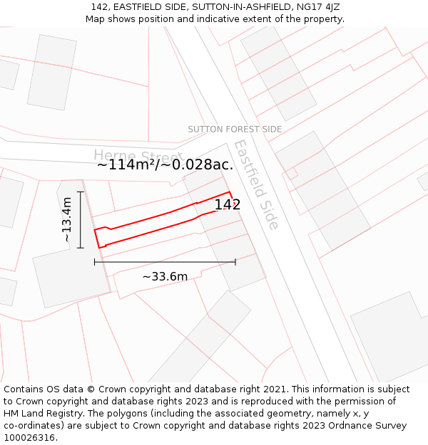 142, EASTFIELD SIDE, SUTTON-IN-ASHFIELD, NG17 4JZ: Plot and title map