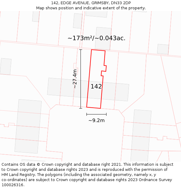 142, EDGE AVENUE, GRIMSBY, DN33 2DP: Plot and title map