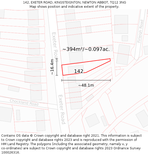 142, EXETER ROAD, KINGSTEIGNTON, NEWTON ABBOT, TQ12 3NG: Plot and title map