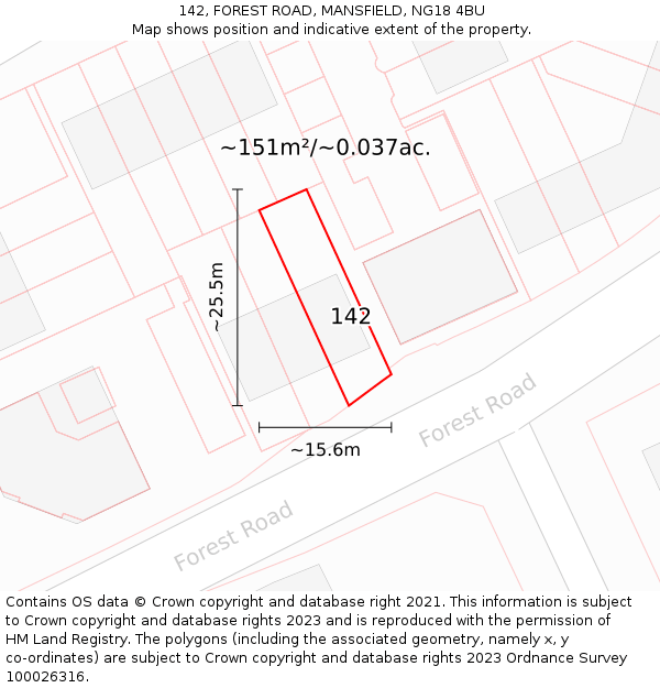 142, FOREST ROAD, MANSFIELD, NG18 4BU: Plot and title map