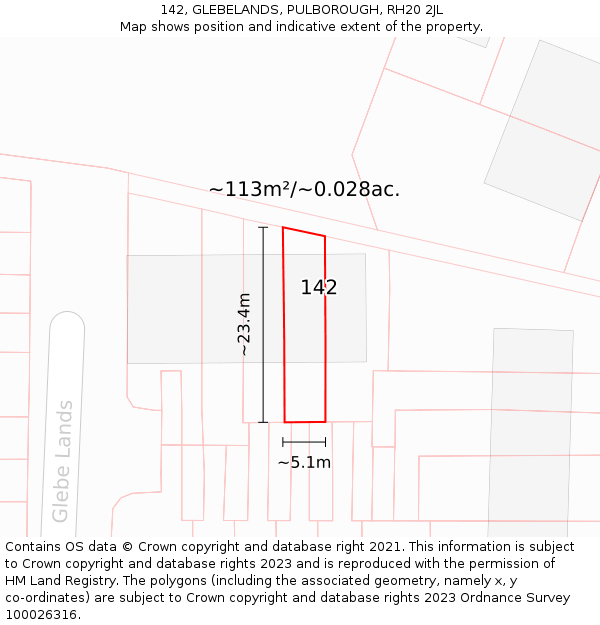 142, GLEBELANDS, PULBOROUGH, RH20 2JL: Plot and title map