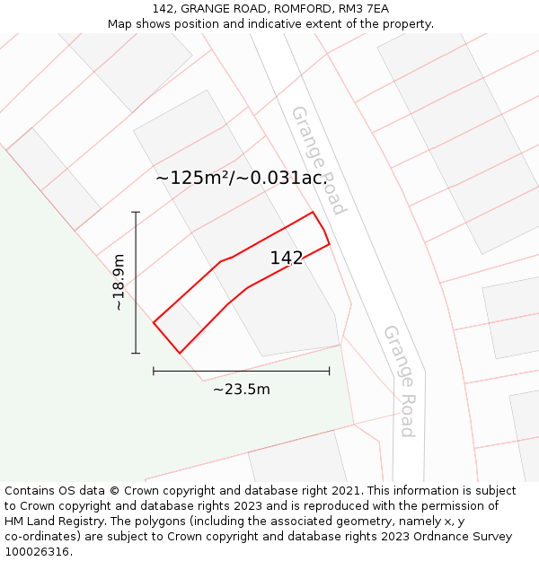 142, GRANGE ROAD, ROMFORD, RM3 7EA: Plot and title map
