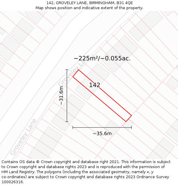 142, GROVELEY LANE, BIRMINGHAM, B31 4QE: Plot and title map