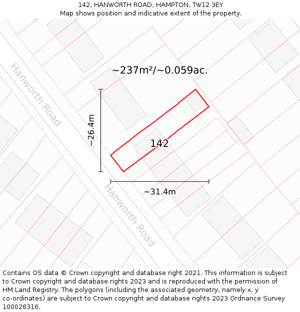 142, HANWORTH ROAD, HAMPTON, TW12 3EY: Plot and title map