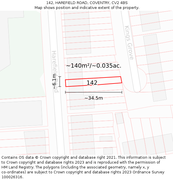 142, HAREFIELD ROAD, COVENTRY, CV2 4BS: Plot and title map