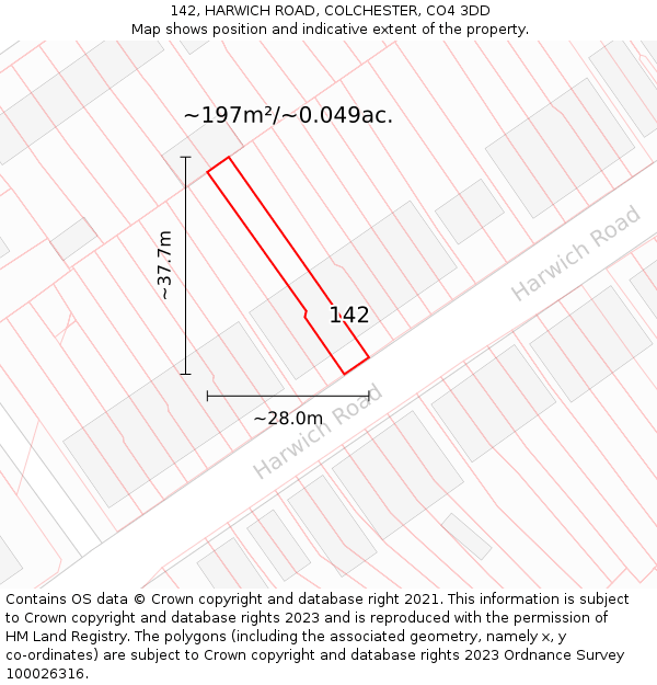 142, HARWICH ROAD, COLCHESTER, CO4 3DD: Plot and title map