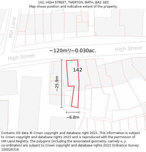 142, HIGH STREET, TWERTON, BATH, BA2 1BZ: Plot and title map