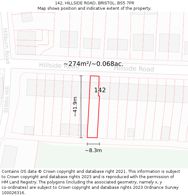142, HILLSIDE ROAD, BRISTOL, BS5 7PR: Plot and title map