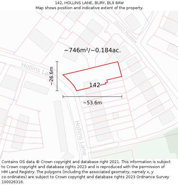 142, HOLLINS LANE, BURY, BL9 8AW: Plot and title map