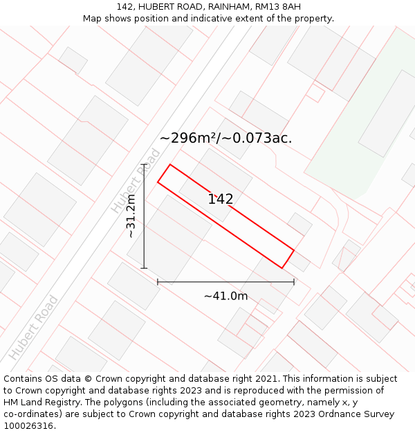 142, HUBERT ROAD, RAINHAM, RM13 8AH: Plot and title map