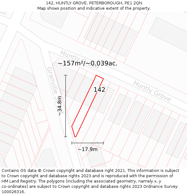 142, HUNTLY GROVE, PETERBOROUGH, PE1 2QN: Plot and title map