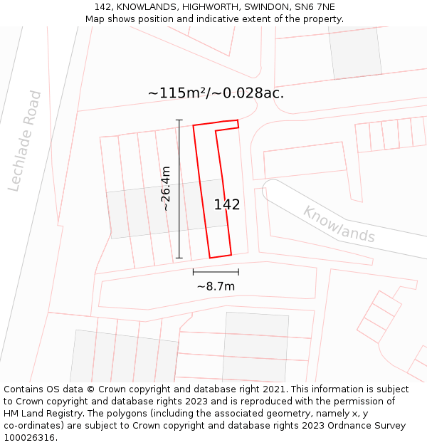 142, KNOWLANDS, HIGHWORTH, SWINDON, SN6 7NE: Plot and title map