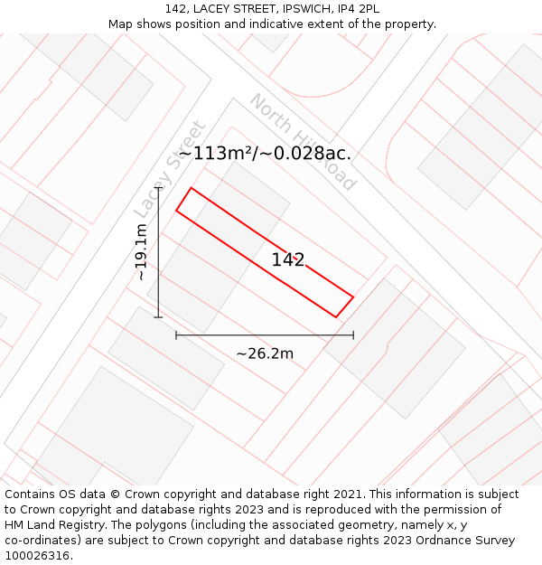 142, LACEY STREET, IPSWICH, IP4 2PL: Plot and title map