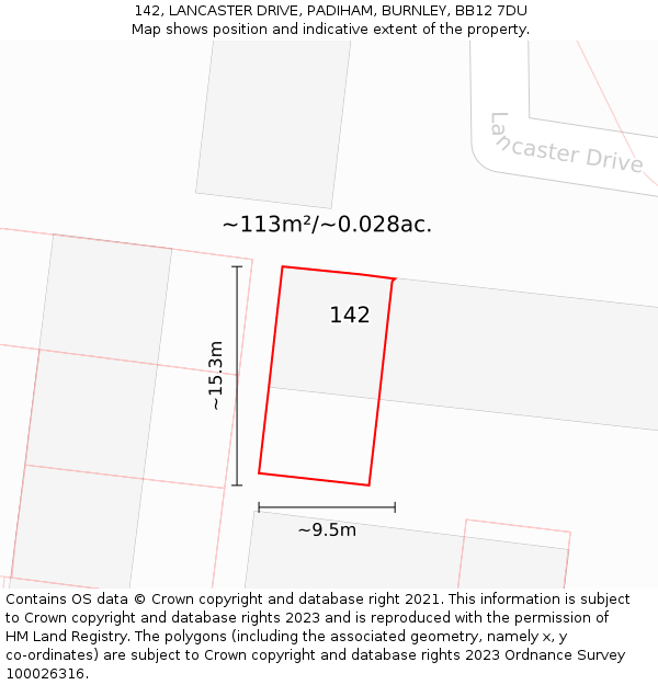 142, LANCASTER DRIVE, PADIHAM, BURNLEY, BB12 7DU: Plot and title map