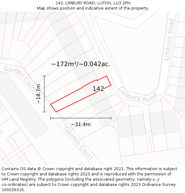 142, LIMBURY ROAD, LUTON, LU3 2PN: Plot and title map