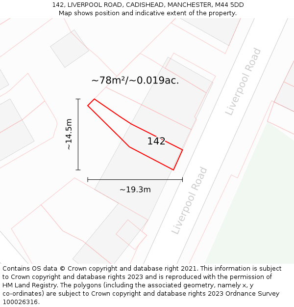 142, LIVERPOOL ROAD, CADISHEAD, MANCHESTER, M44 5DD: Plot and title map
