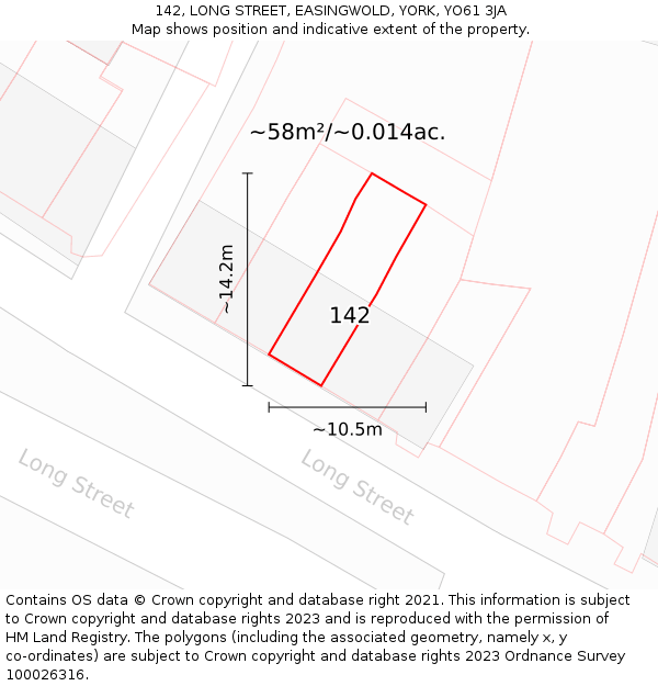 142, LONG STREET, EASINGWOLD, YORK, YO61 3JA: Plot and title map