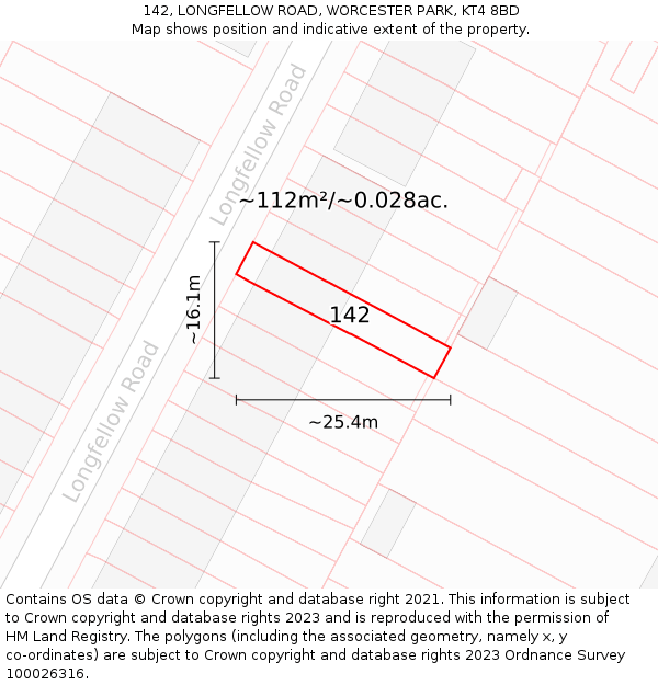 142, LONGFELLOW ROAD, WORCESTER PARK, KT4 8BD: Plot and title map