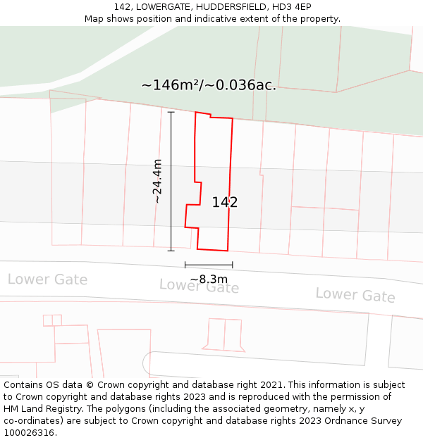142, LOWERGATE, HUDDERSFIELD, HD3 4EP: Plot and title map
