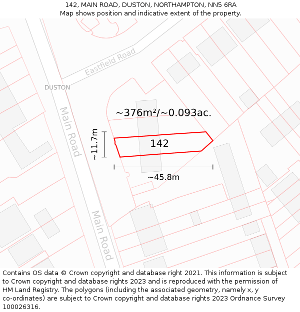 142, MAIN ROAD, DUSTON, NORTHAMPTON, NN5 6RA: Plot and title map