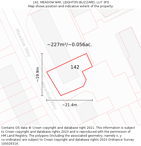 142, MEADOW WAY, LEIGHTON BUZZARD, LU7 3FS: Plot and title map