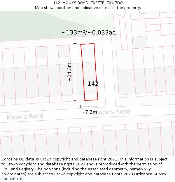 142, MONKS ROAD, EXETER, EX4 7BQ: Plot and title map