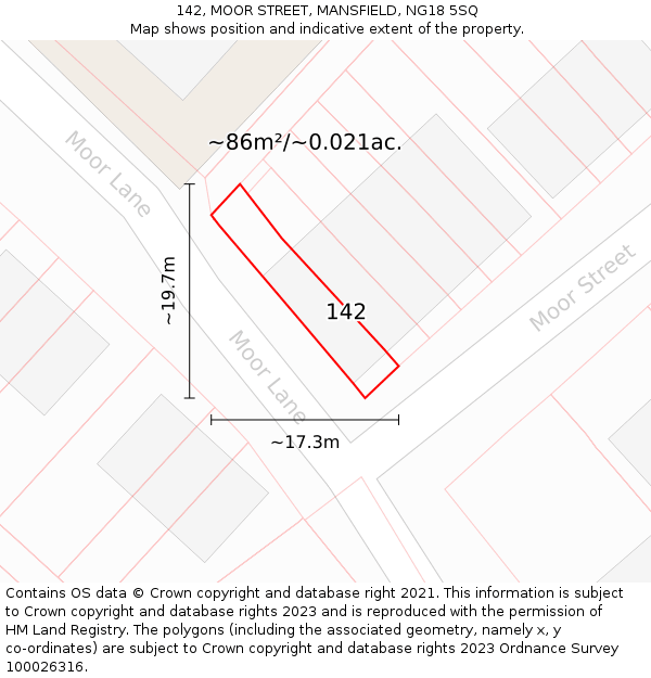 142, MOOR STREET, MANSFIELD, NG18 5SQ: Plot and title map