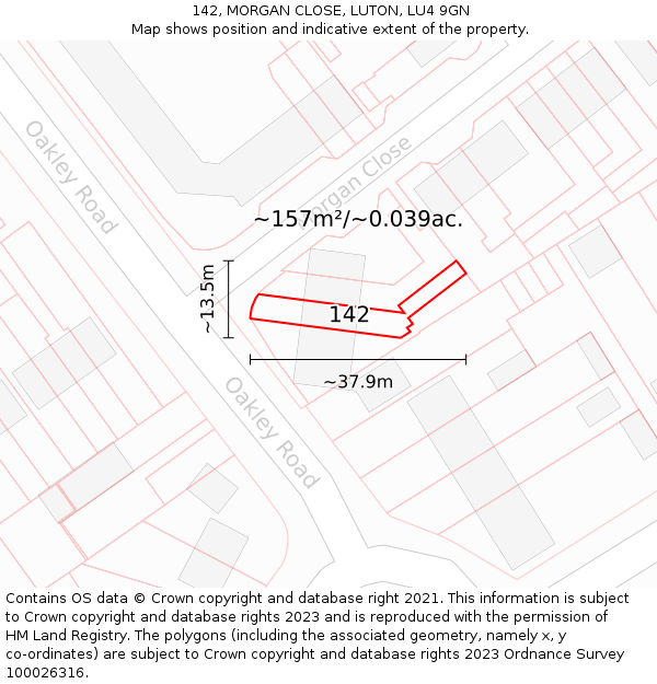 142, MORGAN CLOSE, LUTON, LU4 9GN: Plot and title map