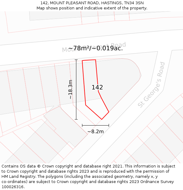 142, MOUNT PLEASANT ROAD, HASTINGS, TN34 3SN: Plot and title map