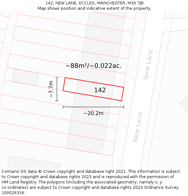 142, NEW LANE, ECCLES, MANCHESTER, M30 7JB: Plot and title map