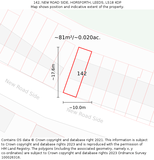 142, NEW ROAD SIDE, HORSFORTH, LEEDS, LS18 4DP: Plot and title map