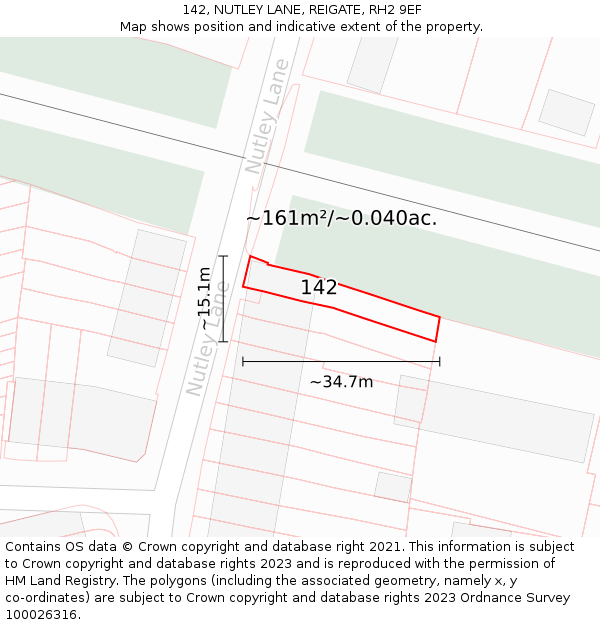 142, NUTLEY LANE, REIGATE, RH2 9EF: Plot and title map