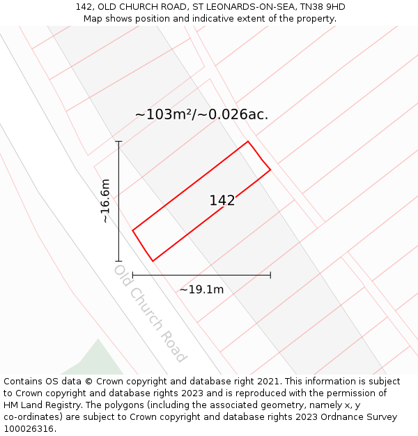142, OLD CHURCH ROAD, ST LEONARDS-ON-SEA, TN38 9HD: Plot and title map