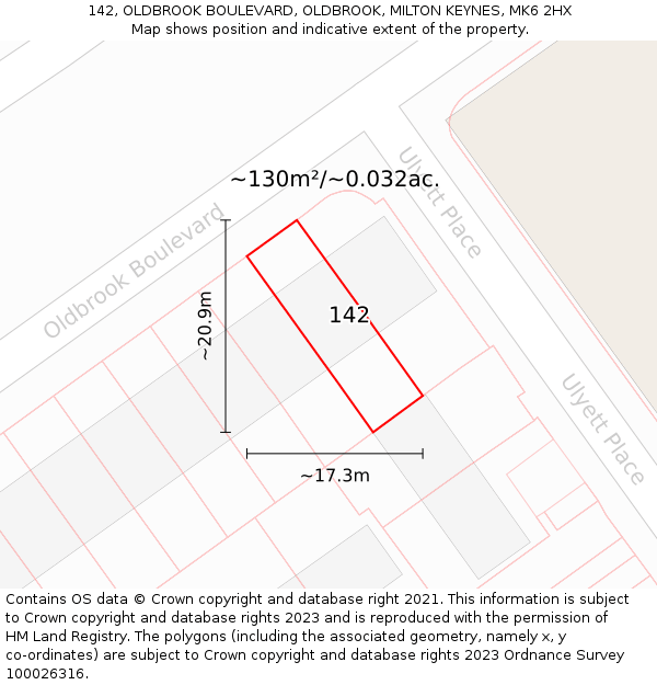 142, OLDBROOK BOULEVARD, OLDBROOK, MILTON KEYNES, MK6 2HX: Plot and title map