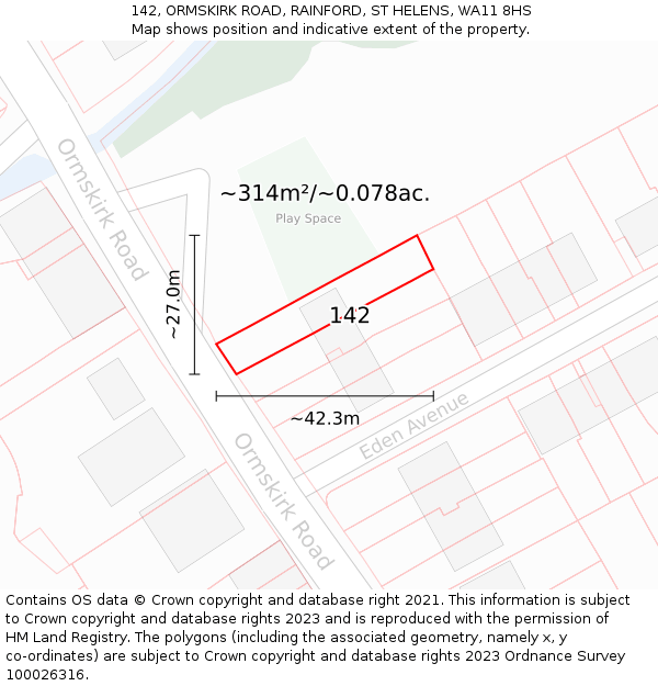 142, ORMSKIRK ROAD, RAINFORD, ST HELENS, WA11 8HS: Plot and title map