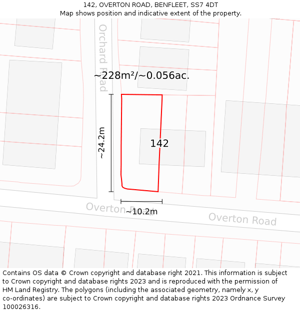 142, OVERTON ROAD, BENFLEET, SS7 4DT: Plot and title map