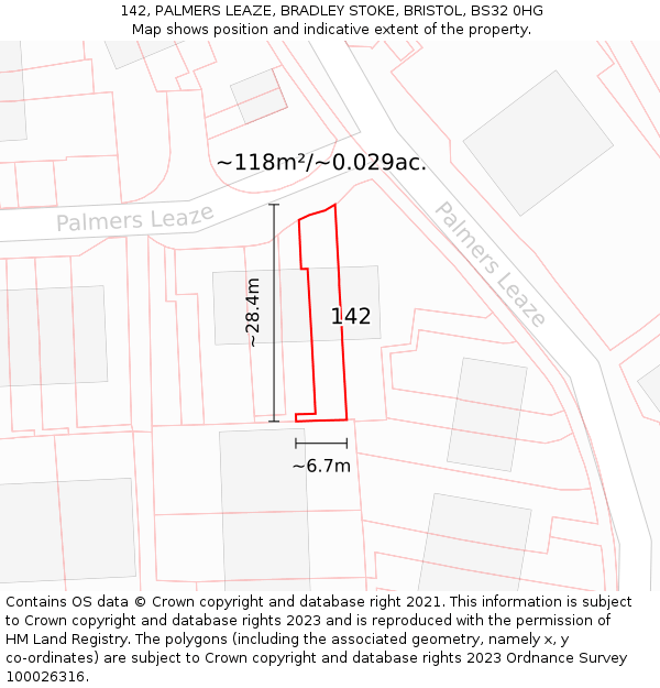 142, PALMERS LEAZE, BRADLEY STOKE, BRISTOL, BS32 0HG: Plot and title map