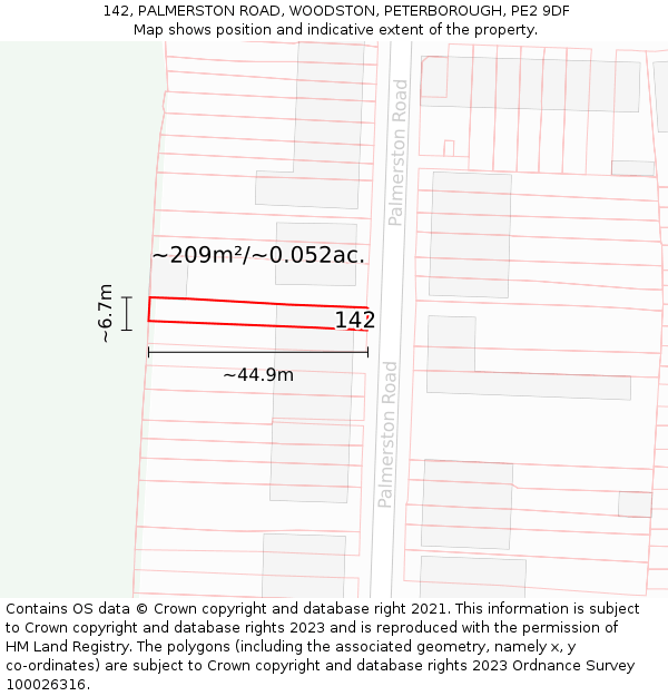 142, PALMERSTON ROAD, WOODSTON, PETERBOROUGH, PE2 9DF: Plot and title map
